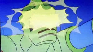 Still from 'The Simpsons' - the head of a green humanoid robot with a yellow flashing effect applied over the eyes.