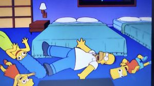 A still from 'The Simpsons'. Marge, Bart and Lisa roll of a hotel room on the floor with dilated pupils, experiencing seizures. Homer, unaware of what's going on, joins in the rolling with normal pupils.